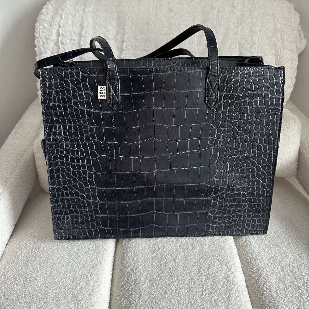 Beis Large Work Tote in Black Croc